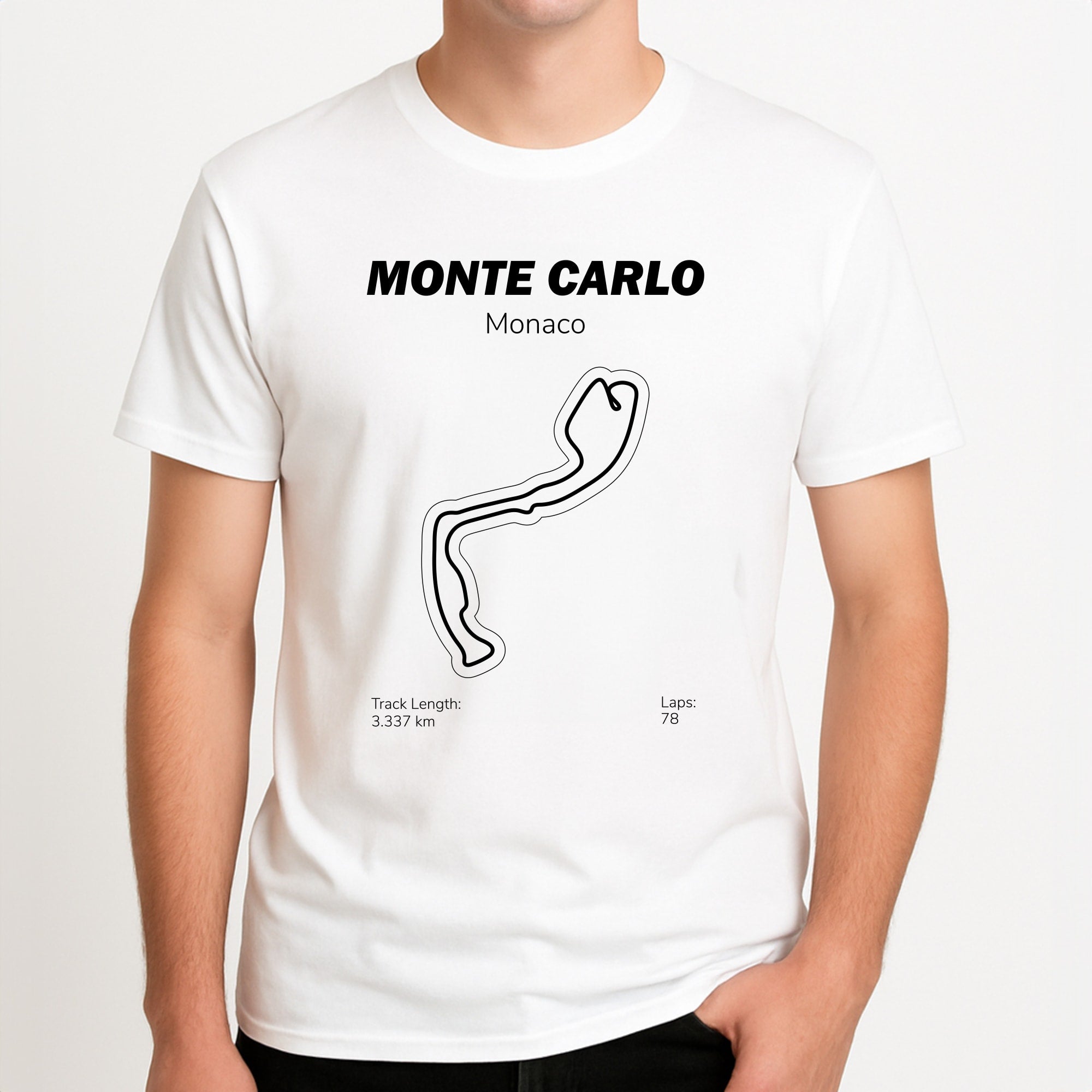 Monte Carlo Circuit Unisex T-Shirt, worn by a male model.