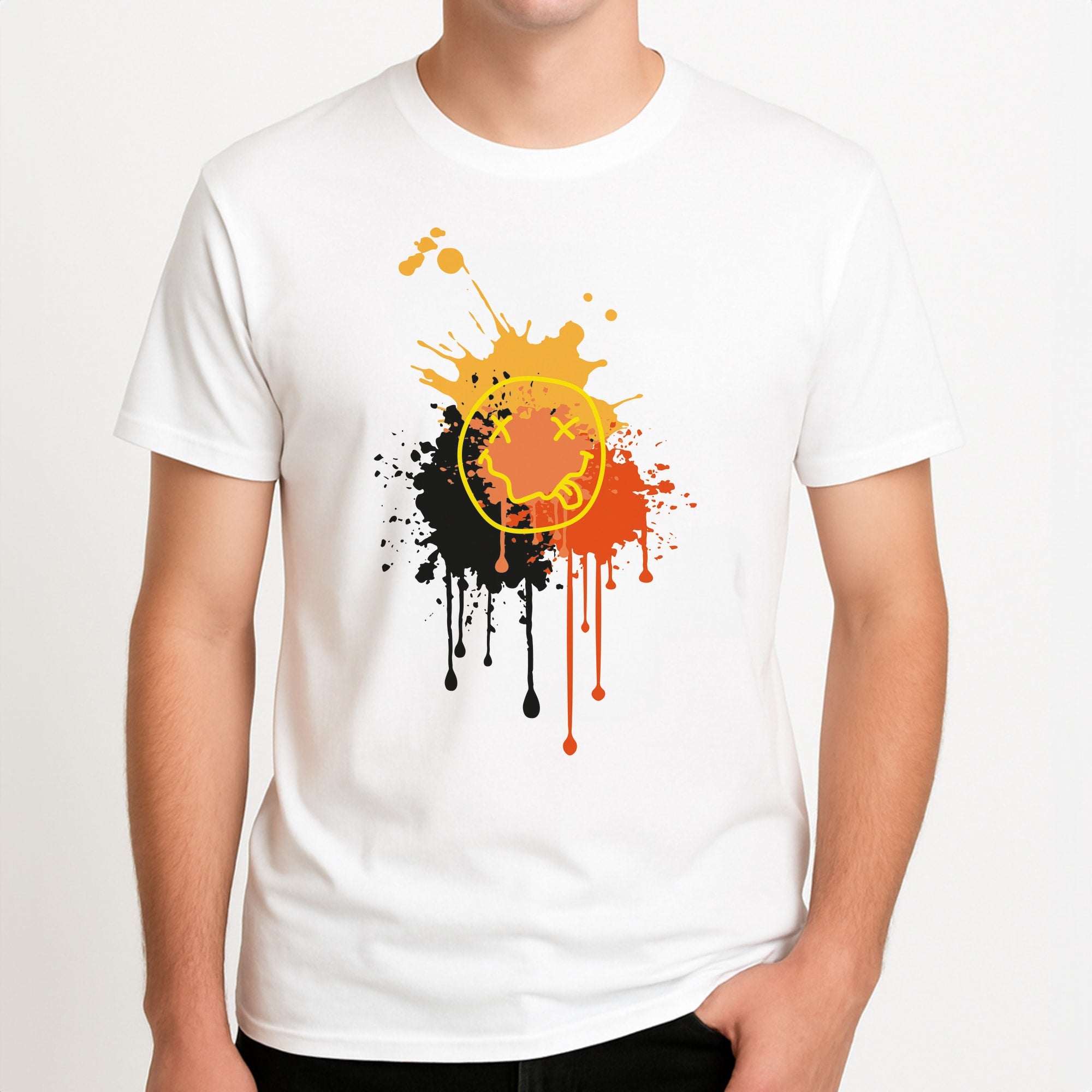 Orange Graffiti - Skate Aesthetic  Unisex T-Shirt, worn by a male model.