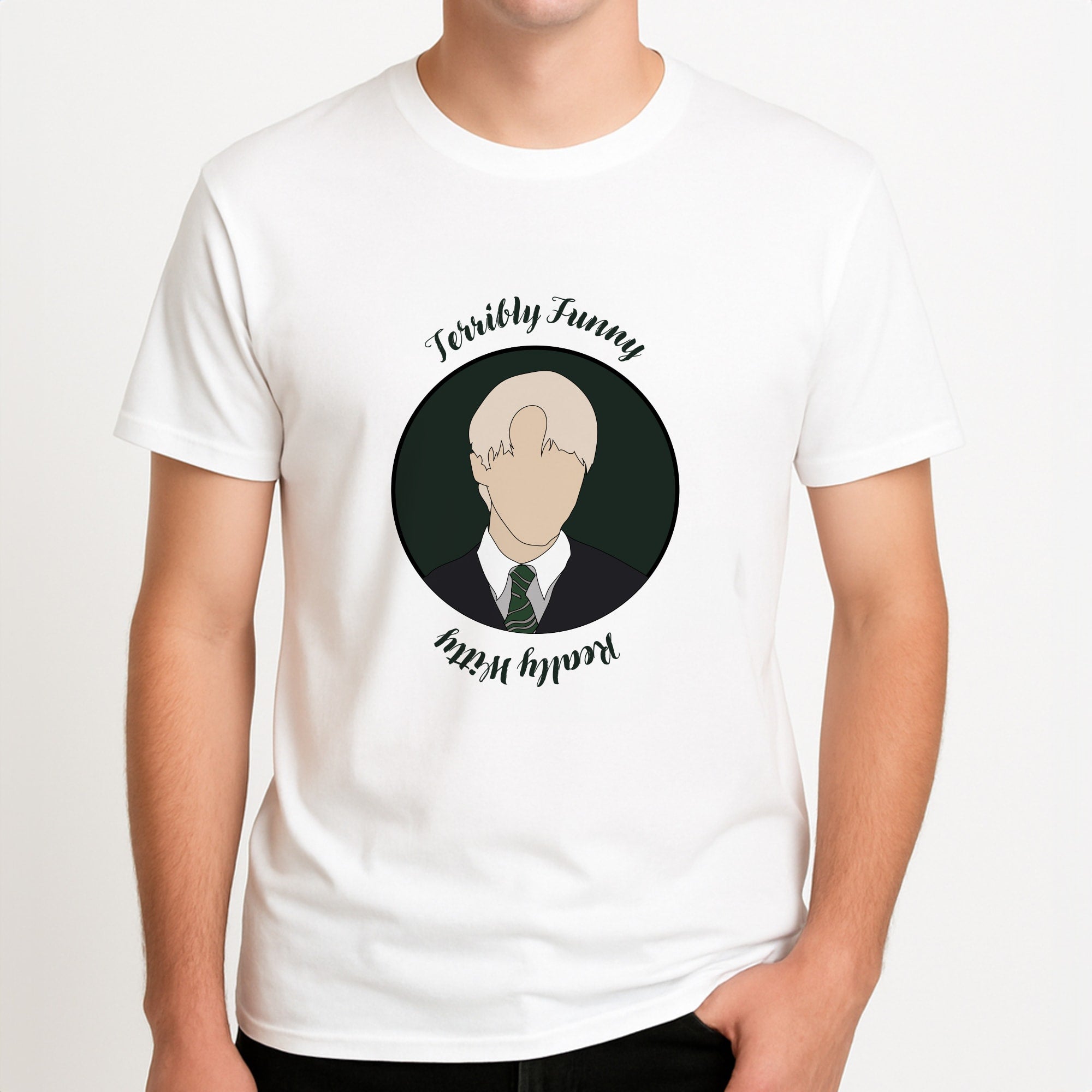 Terribly Funny, Really Witty Draco Malfoy Unisex T-Shirt, worn by a male model.