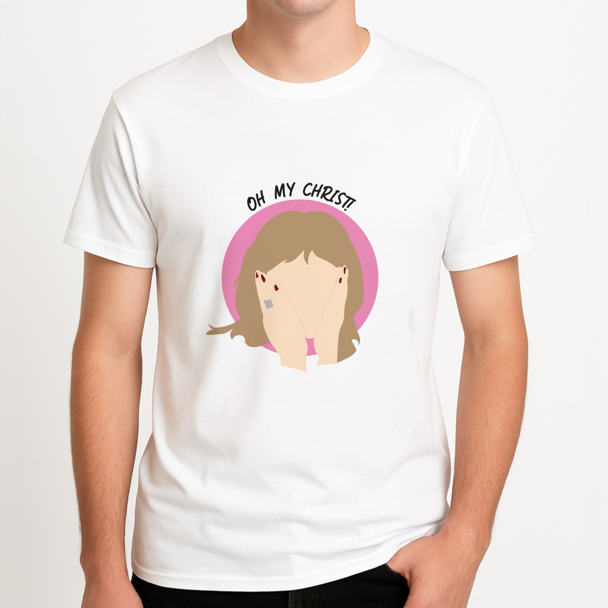Oh My Christ! Unisex T-Shirt, worn by a male model.