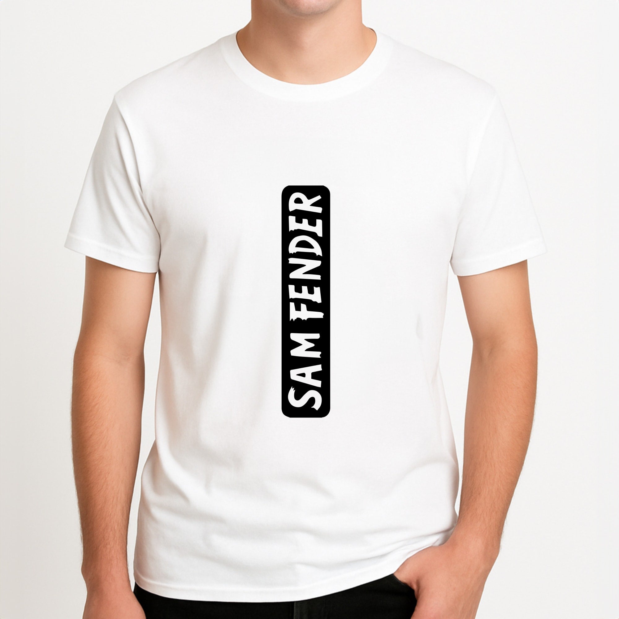Fender Vertical Unisex T-Shirt, worn by a male model.