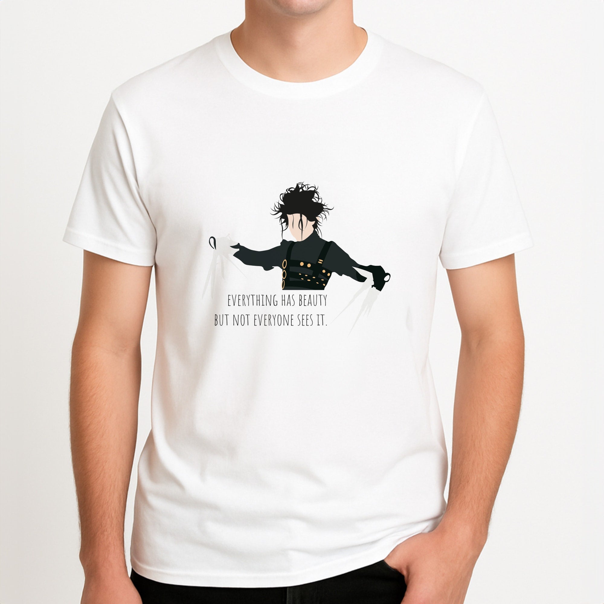 Everything Has Beauty - Scissorhands Unisex T-Shirt, worn by a male model.