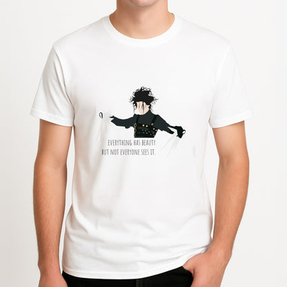 Everything Has Beauty - Scissorhands Unisex T-Shirt, worn by a male model.