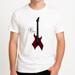 Eddie Munson Guitar Unisex T-Shirt, worn by a male model.