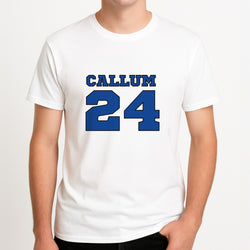 Dark Blue - Personalised Football Unisex T-Shirt, worn by a male model.