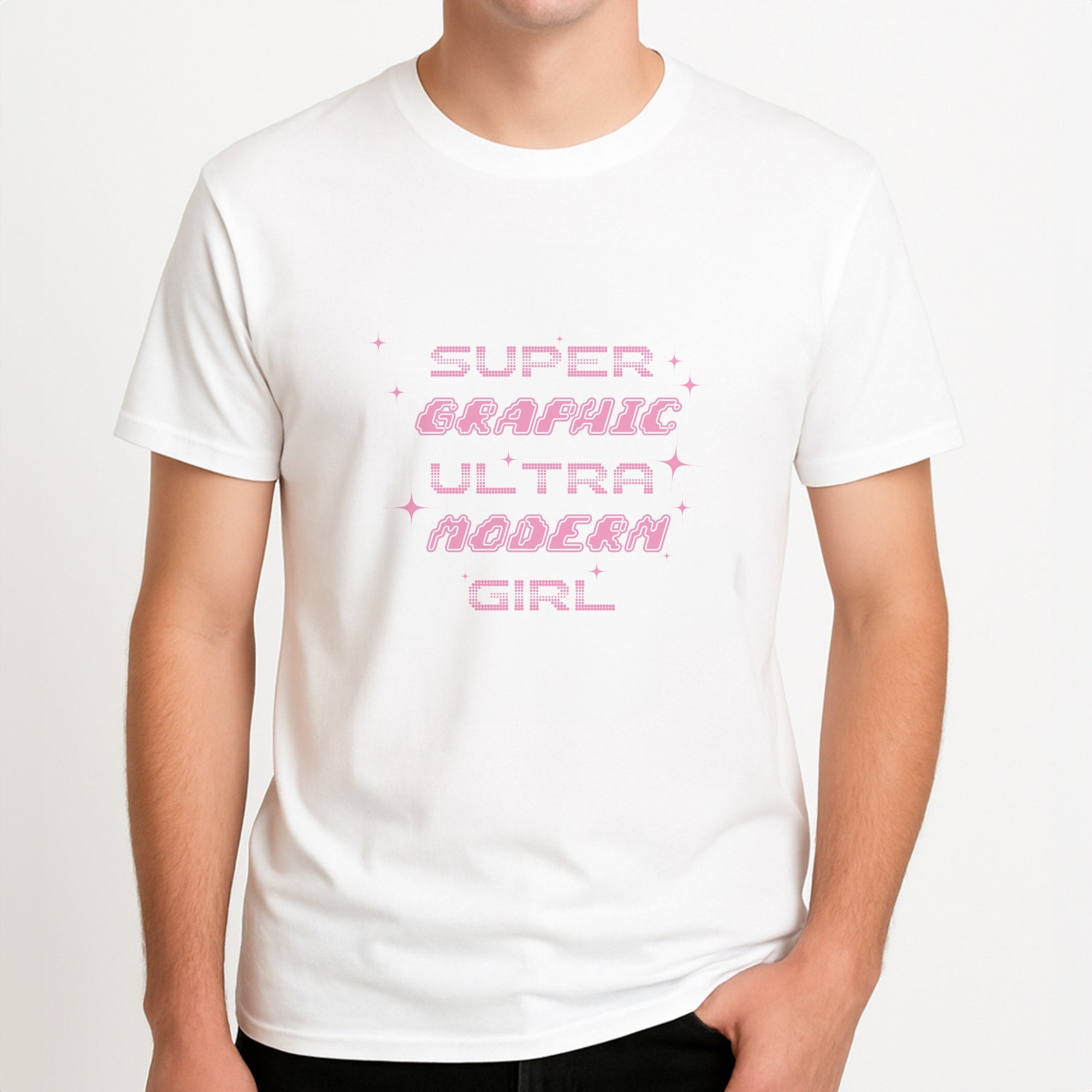 Super Graphic Ultra Modern Girl - Chappell Unisex T-Shirt, worn by a male model.