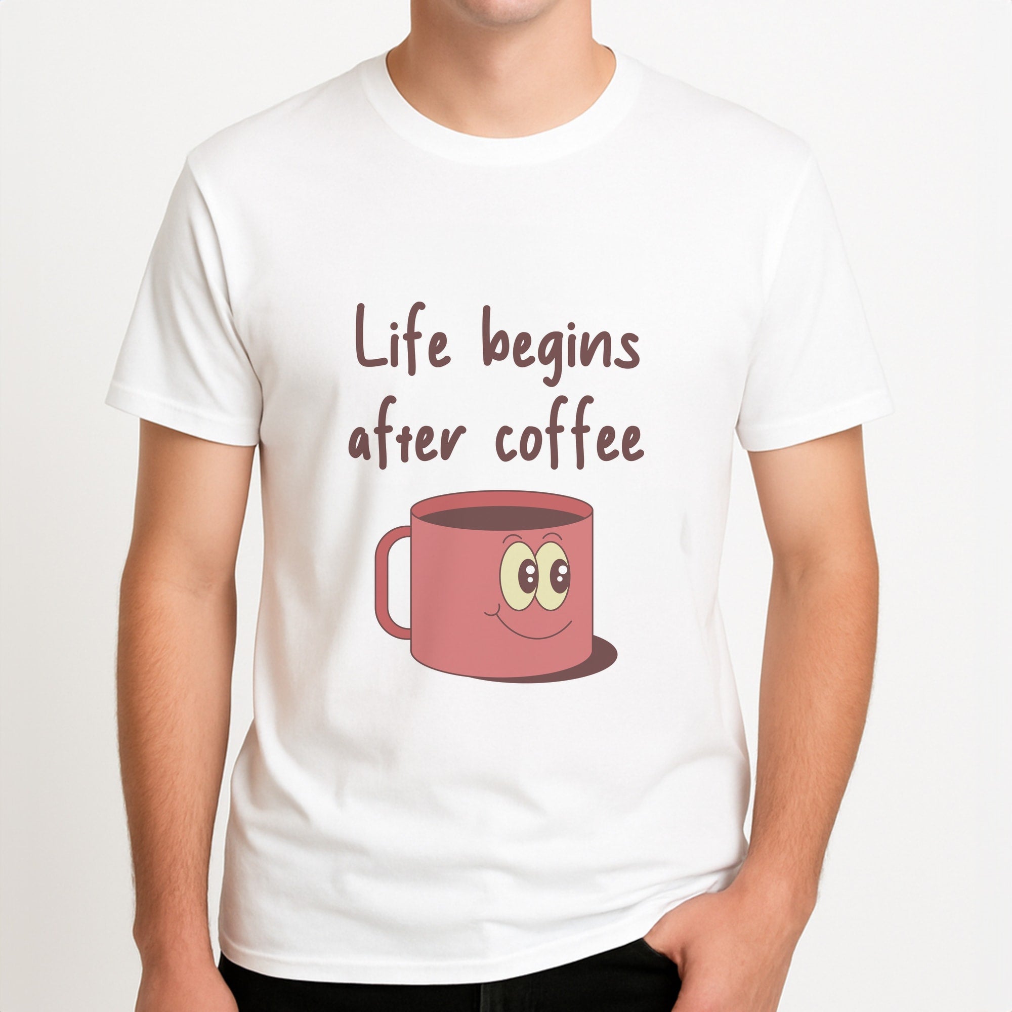 Life Begins After Coffee - Aesthetic Quote Unisex T-Shirt, worn by a male model.
