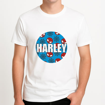 Spiderman And Webs - Personalised Superhero Comic Unisex T-Shirt, worn by a male model.