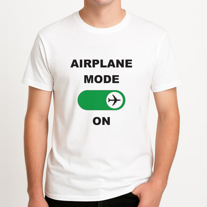 Airplane Mode On - Travel Unisex T-Shirt, worn by a male model.