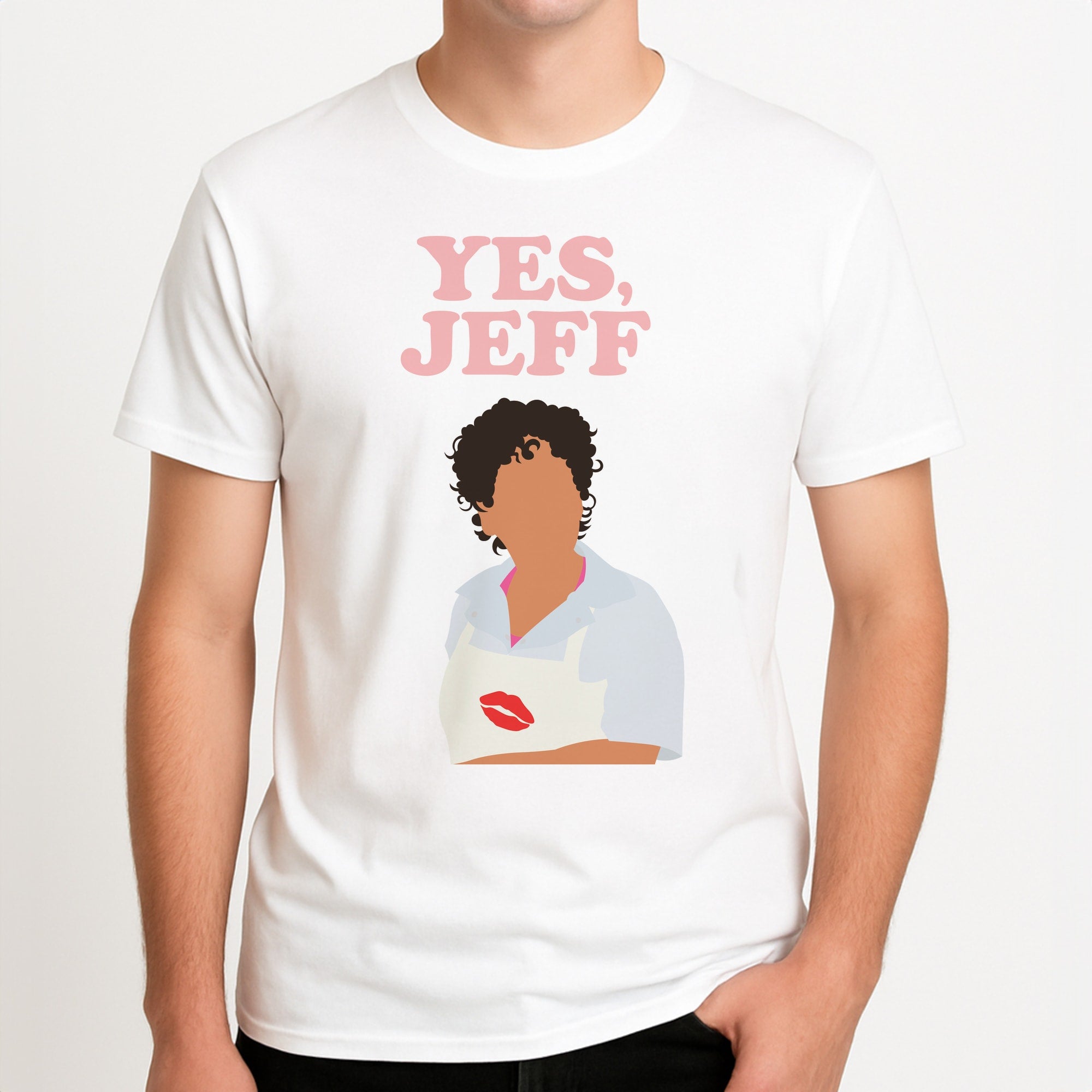 Yes Jeff Unisex T-Shirt, worn by a male model.