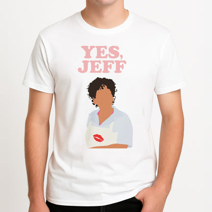 Yes Jeff Unisex T-Shirt, worn by a male model.