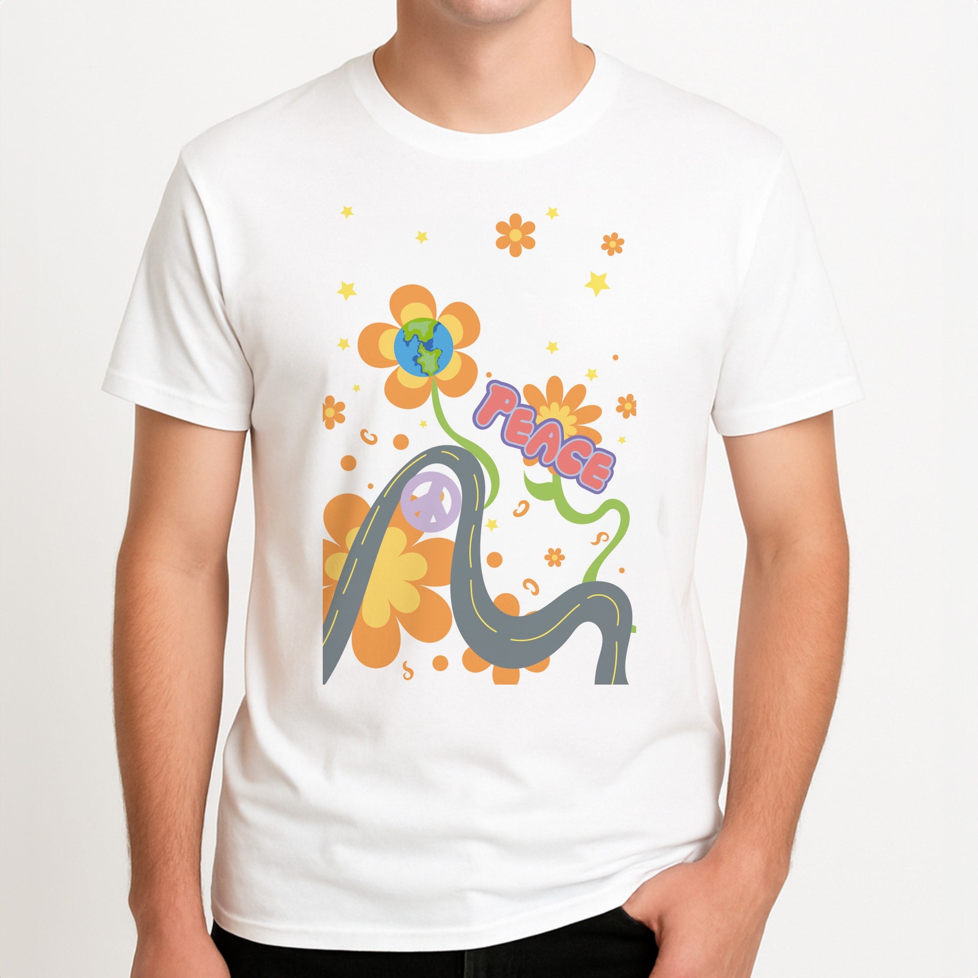 Peace - Cars Unisex T-Shirt, worn by a male model.