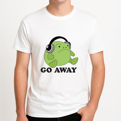 Go Away Grumpy Frog  Unisex T-Shirt, worn by a male model.