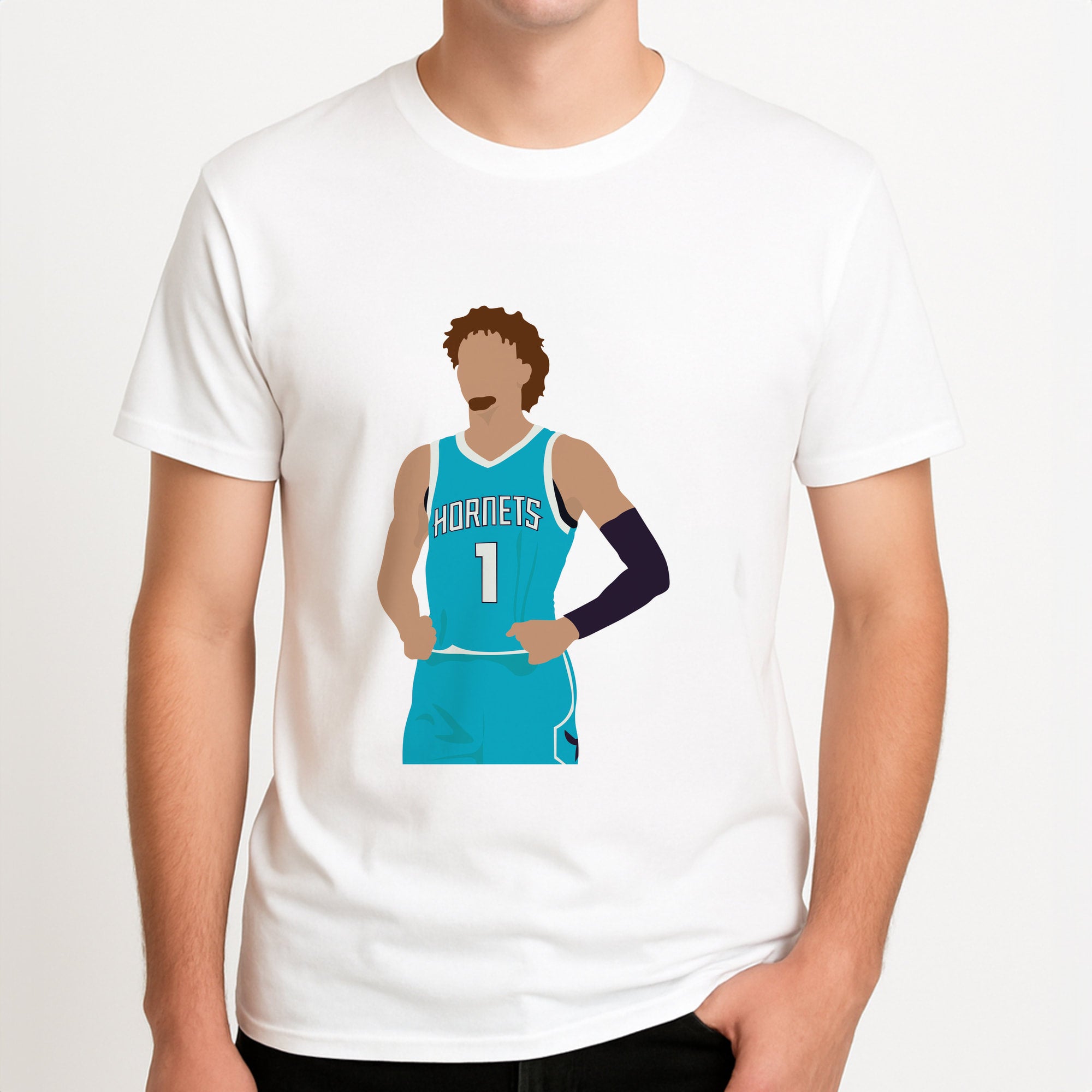 Lamelo - Basketball Unisex T-Shirt, worn by a male model.