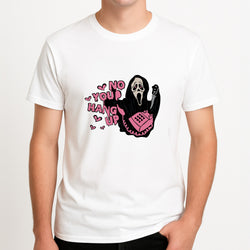 No You Hang Up - Halloween Unisex T-Shirt, worn by a male model.
