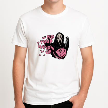 No You Hang Up - Halloween Unisex T-Shirt, worn by a male model.