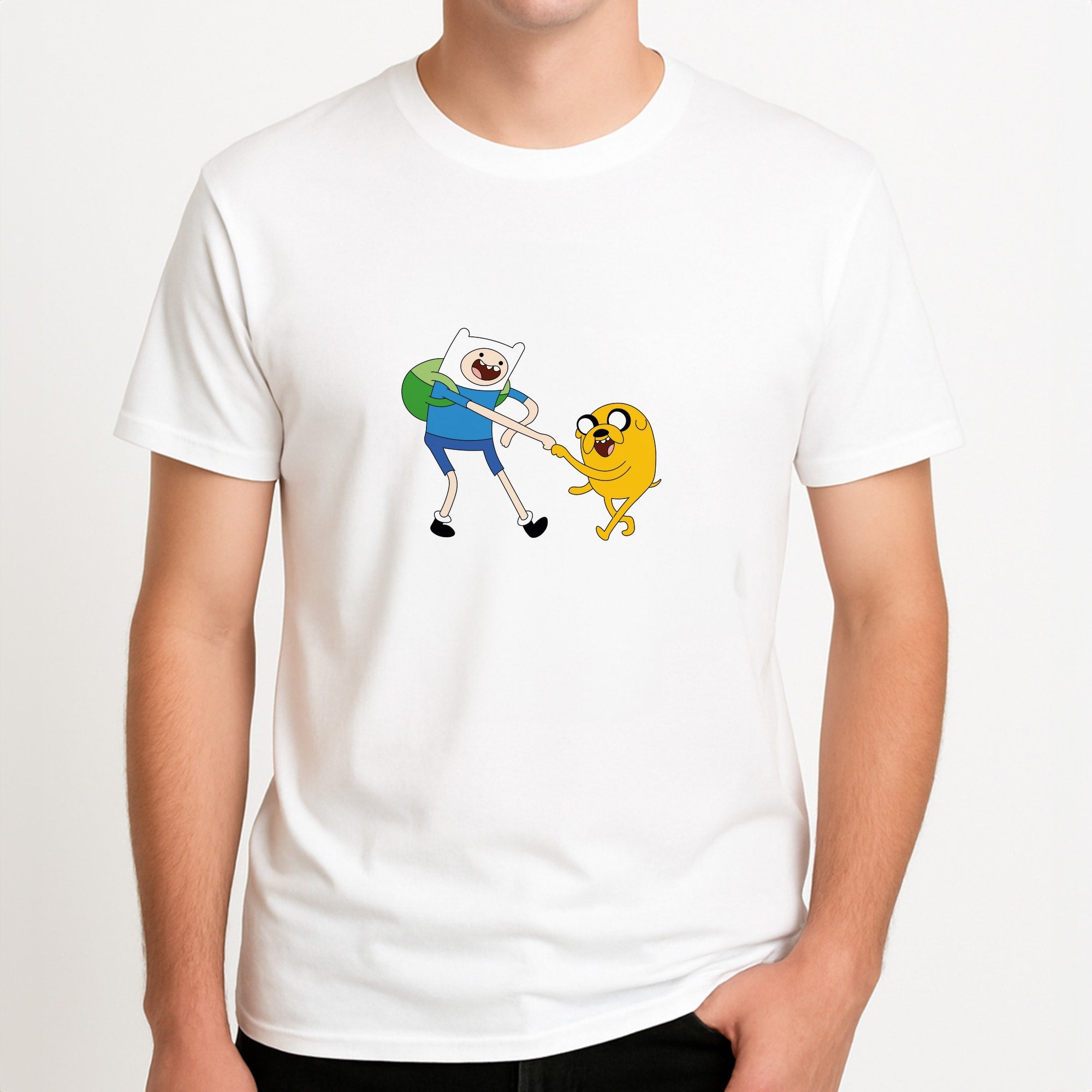 Jake The Dog And Finn The Human Unisex T-Shirt, worn by a male model.