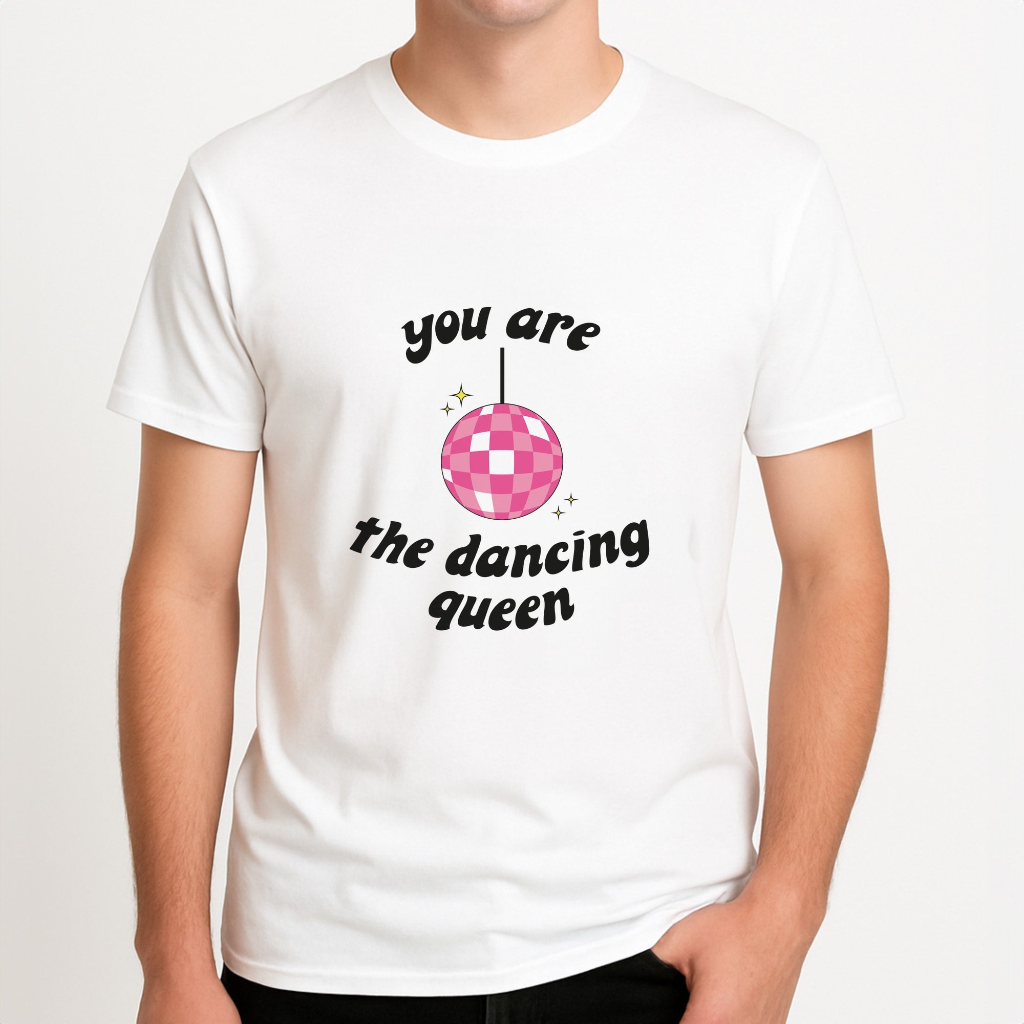 Dancing Queen Unisex T-Shirt, worn by a male model.