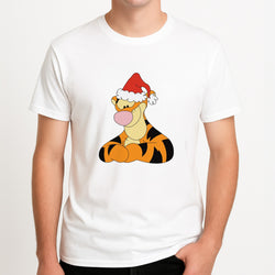 Tiger Pattern Christmas Unisex T-Shirt, worn by a male model.
