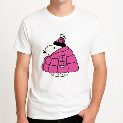 Cartoon Beagle Puffer Jacket Pink Unisex T-Shirt, worn by a male model.
