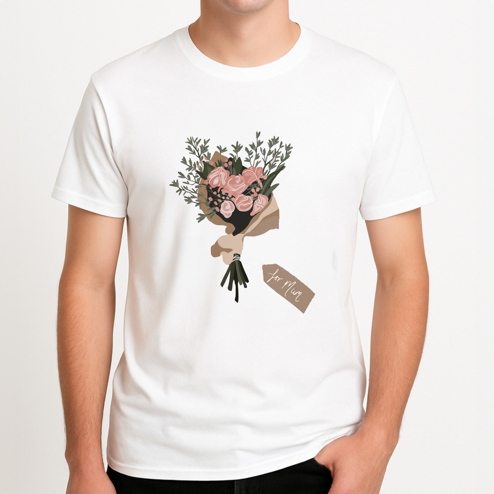 Mum Bouquet - Mother's Day Unisex T-Shirt, worn by a male model.