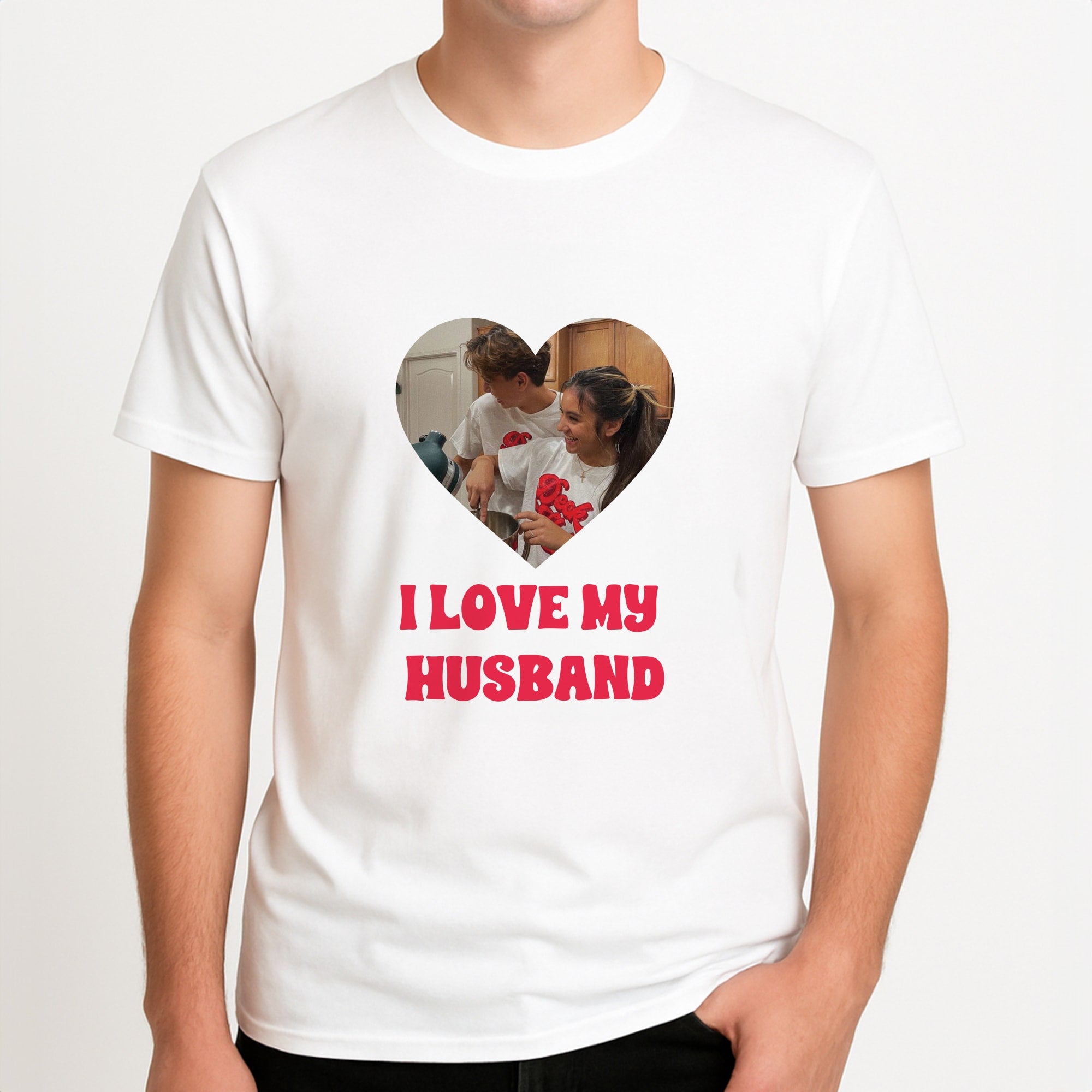 I Love My Husband - Personalised Couples Unisex T-Shirt, worn by a male model.