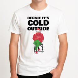 Bernie It's Cold Outside Unisex T-Shirt, worn by a male model.
