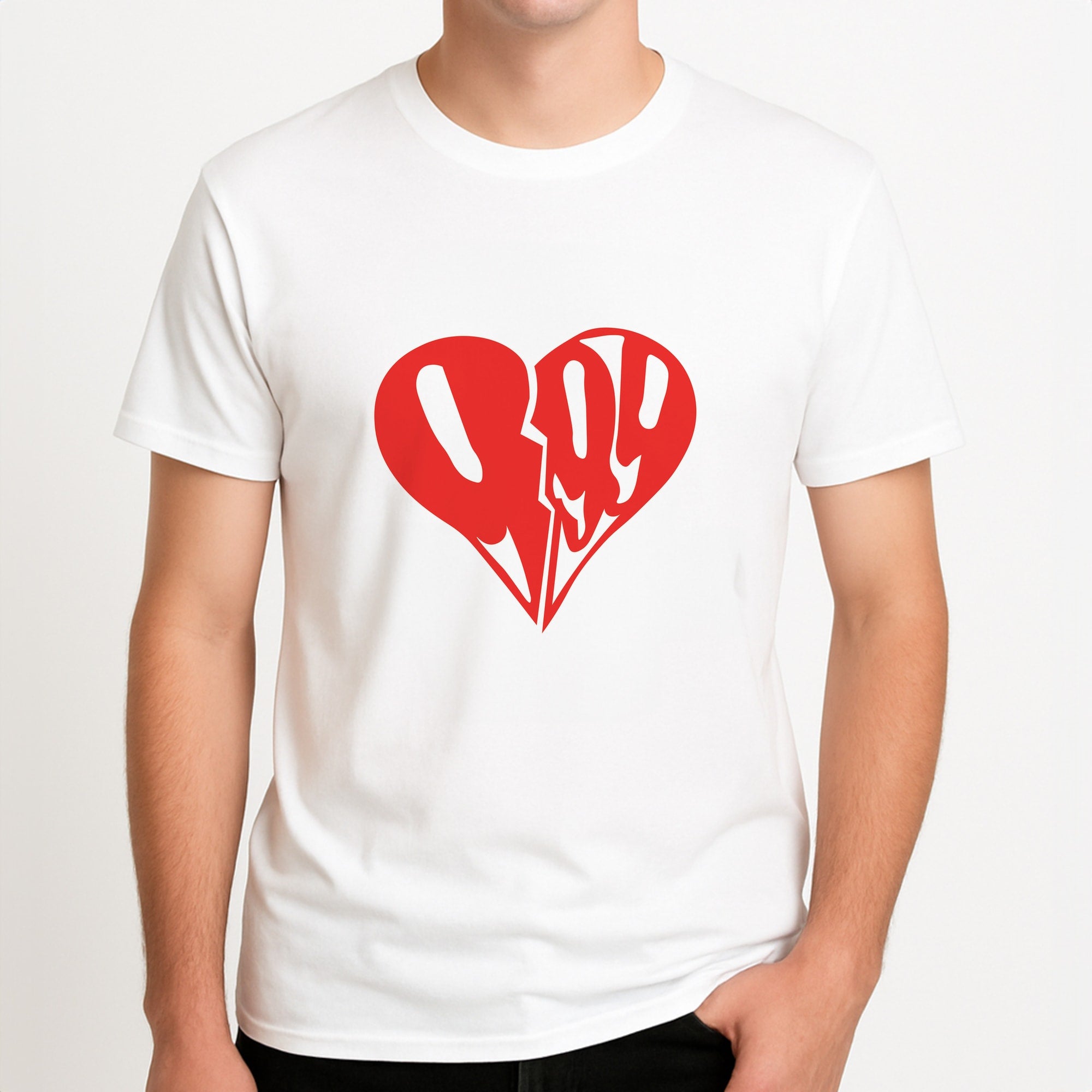 Heart - Juice Unisex T-Shirt, worn by a male model.