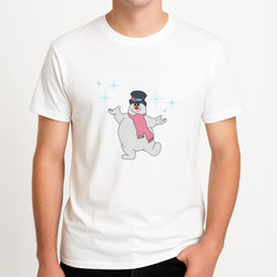 Frosty - Snowman Unisex T-Shirt, worn by a male model.