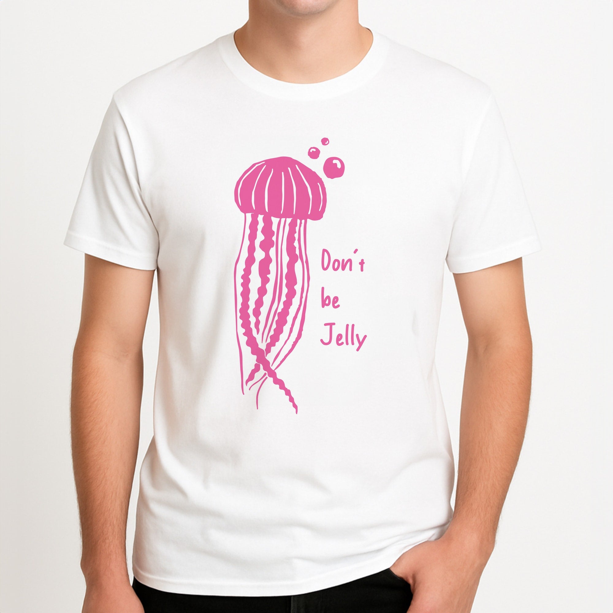Don't Be Jelly - Sealife Unisex T-Shirt, worn by a male model.