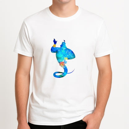 Watercolour Aladdin Fairytale Unisex T-Shirt, worn by a male model.
