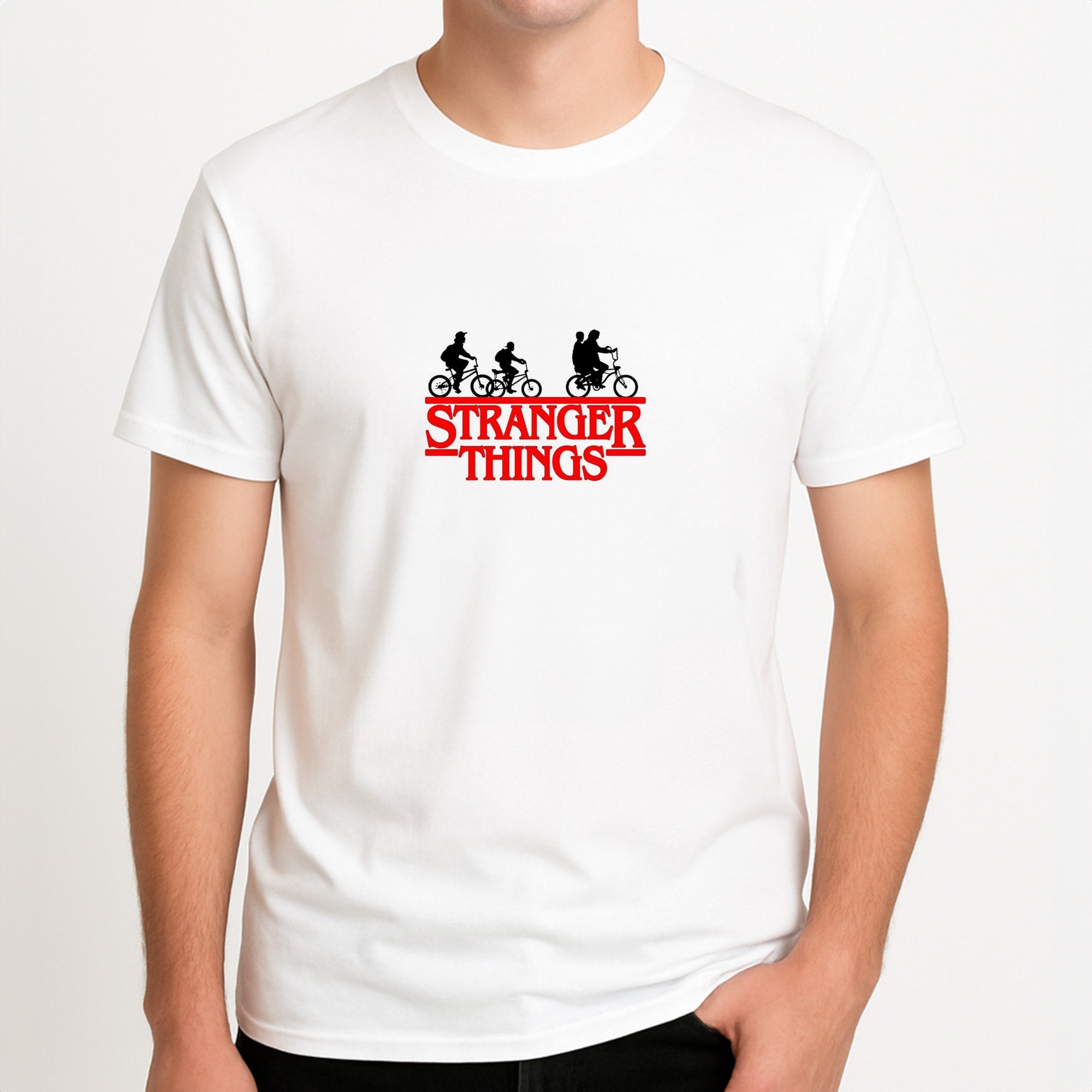Stranger Cycling Logo Unisex T-Shirt, worn by a male model.