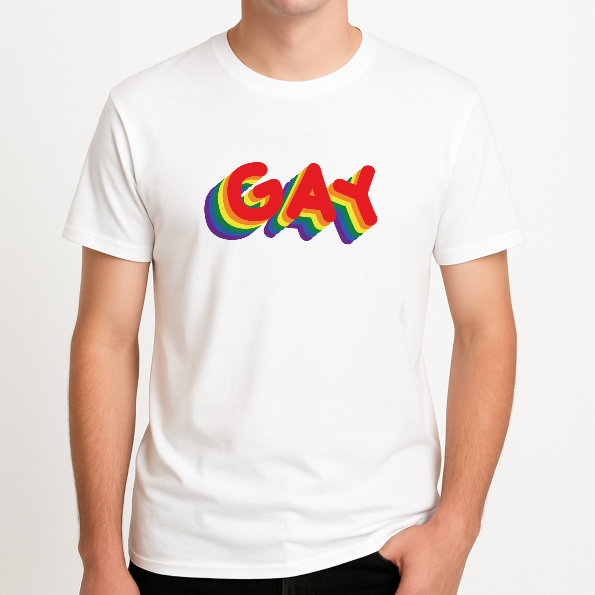 Gay Rainbow - Pride Unisex T-Shirt, worn by a male model.