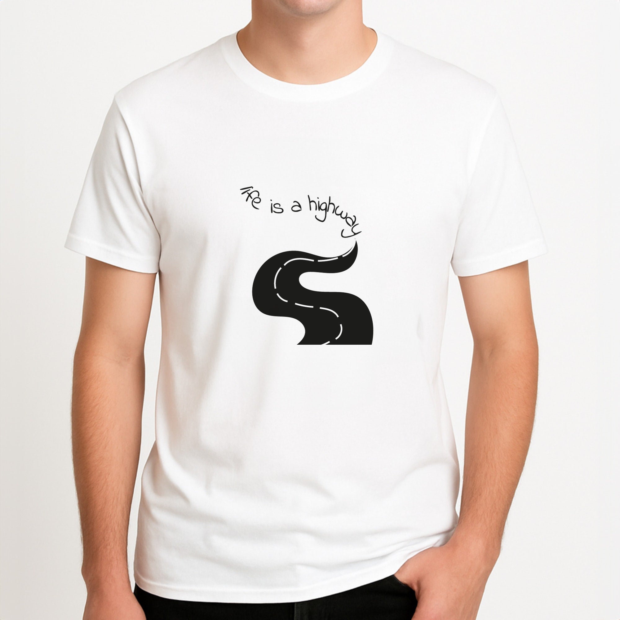 Life Is A Highway - Cars Unisex T-Shirt, worn by a male model.