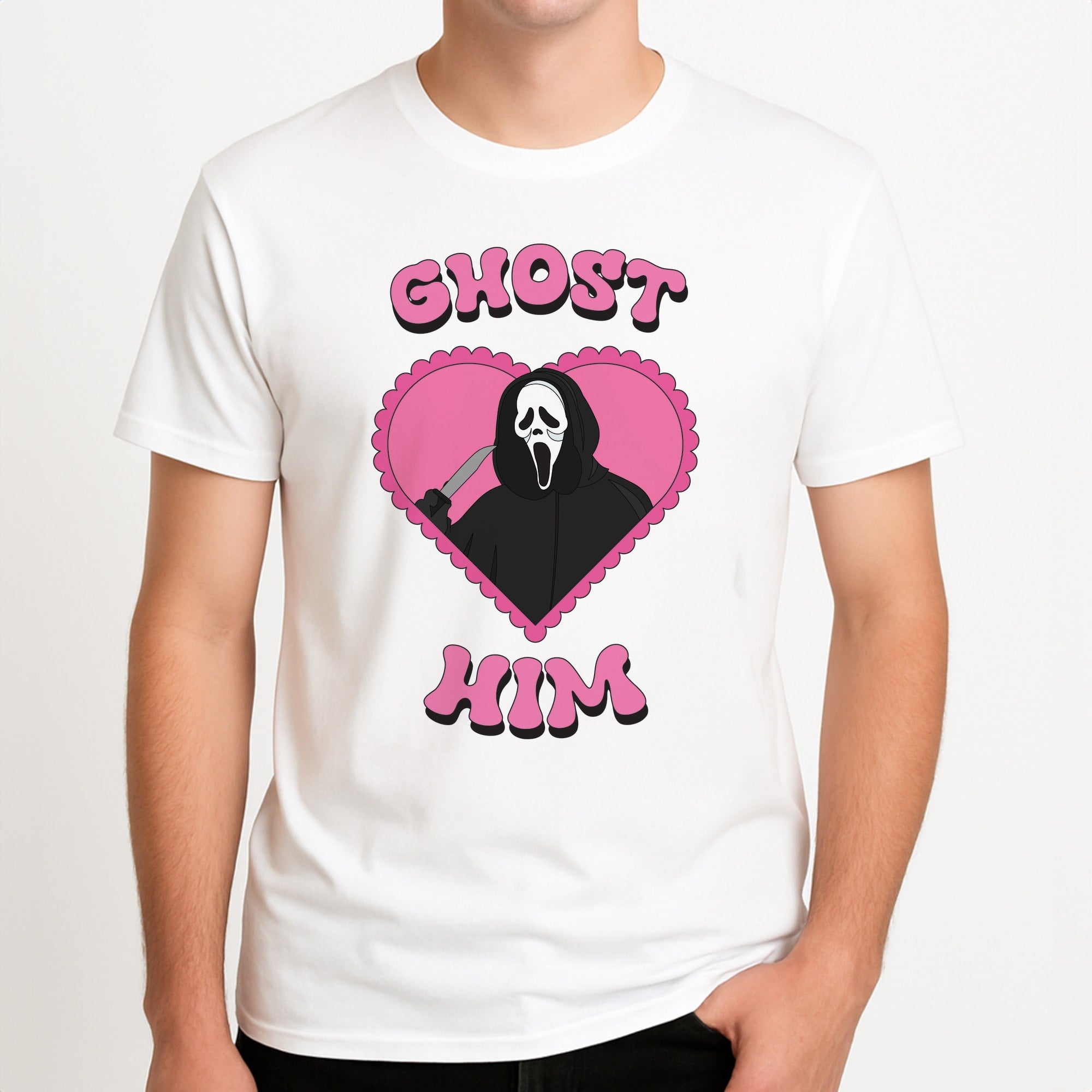 Ghost Him Unisex T-Shirt, worn by a male model.