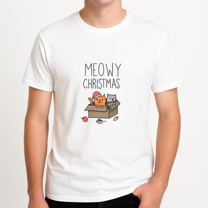 Meowy Christmas Unisex T-Shirt, worn by a male model.
