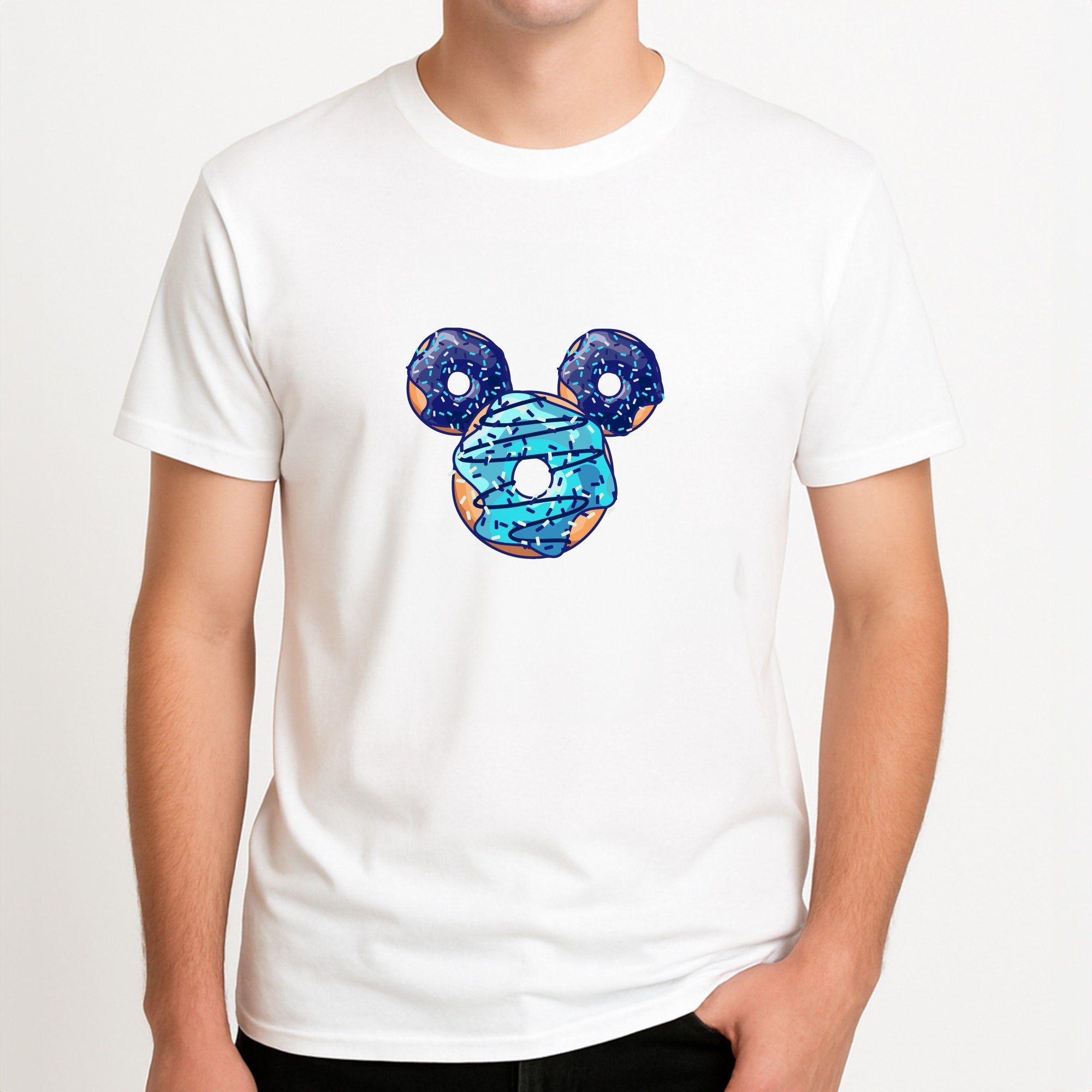 Fairytale Mouse Doughnuts Unisex T-Shirt, worn by a male model.