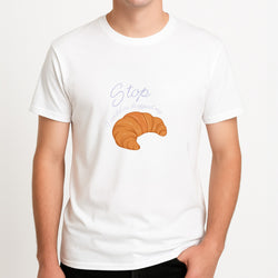 Stop I Could Have Dropped My Croissant - TikTok Unisex T-Shirt, worn by a male model.