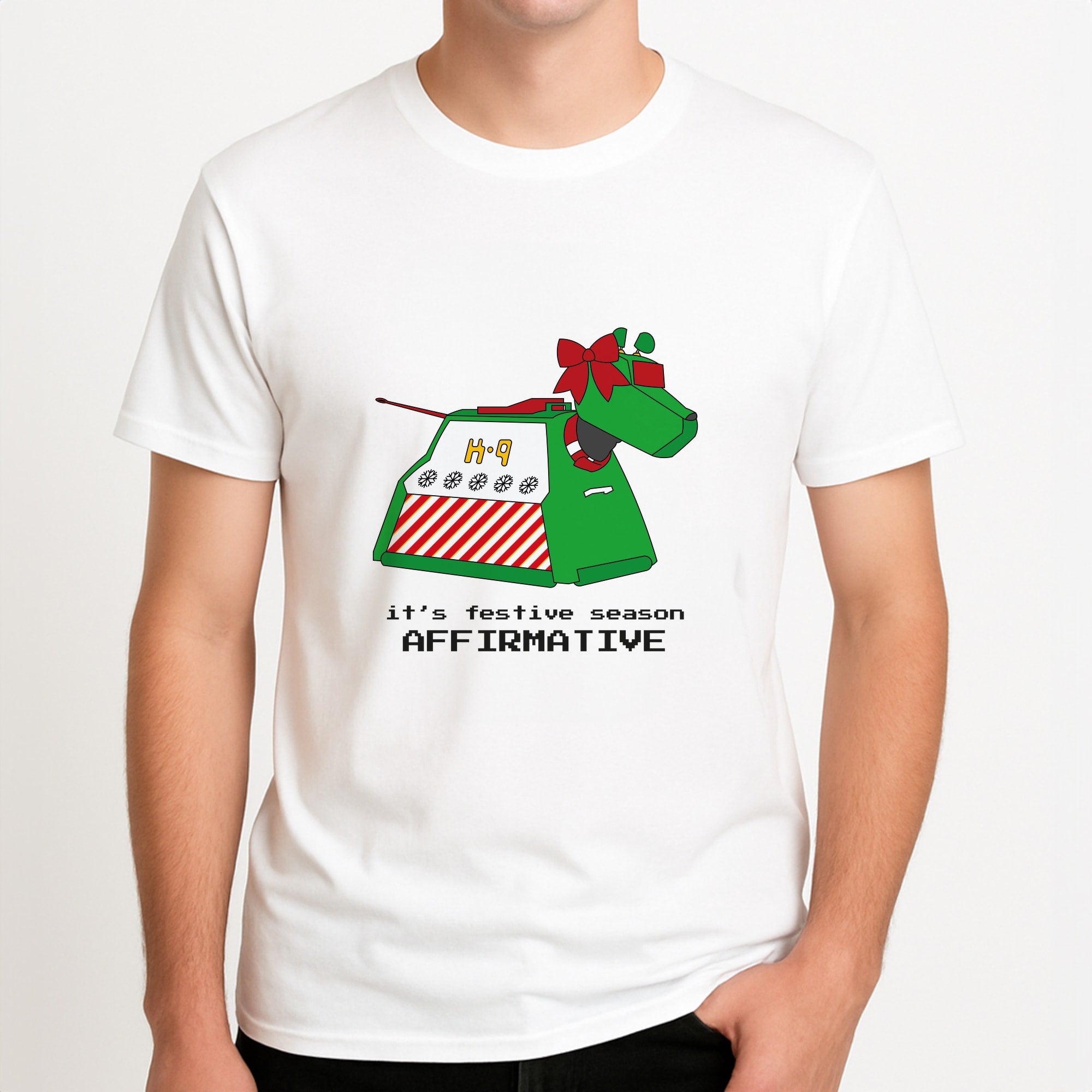 K9 Festive Season - Doctor Who Unisex T-Shirt, worn by a male model.