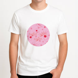 Coffee Pattern - Chamberlain Unisex T-Shirt, worn by a male model.
