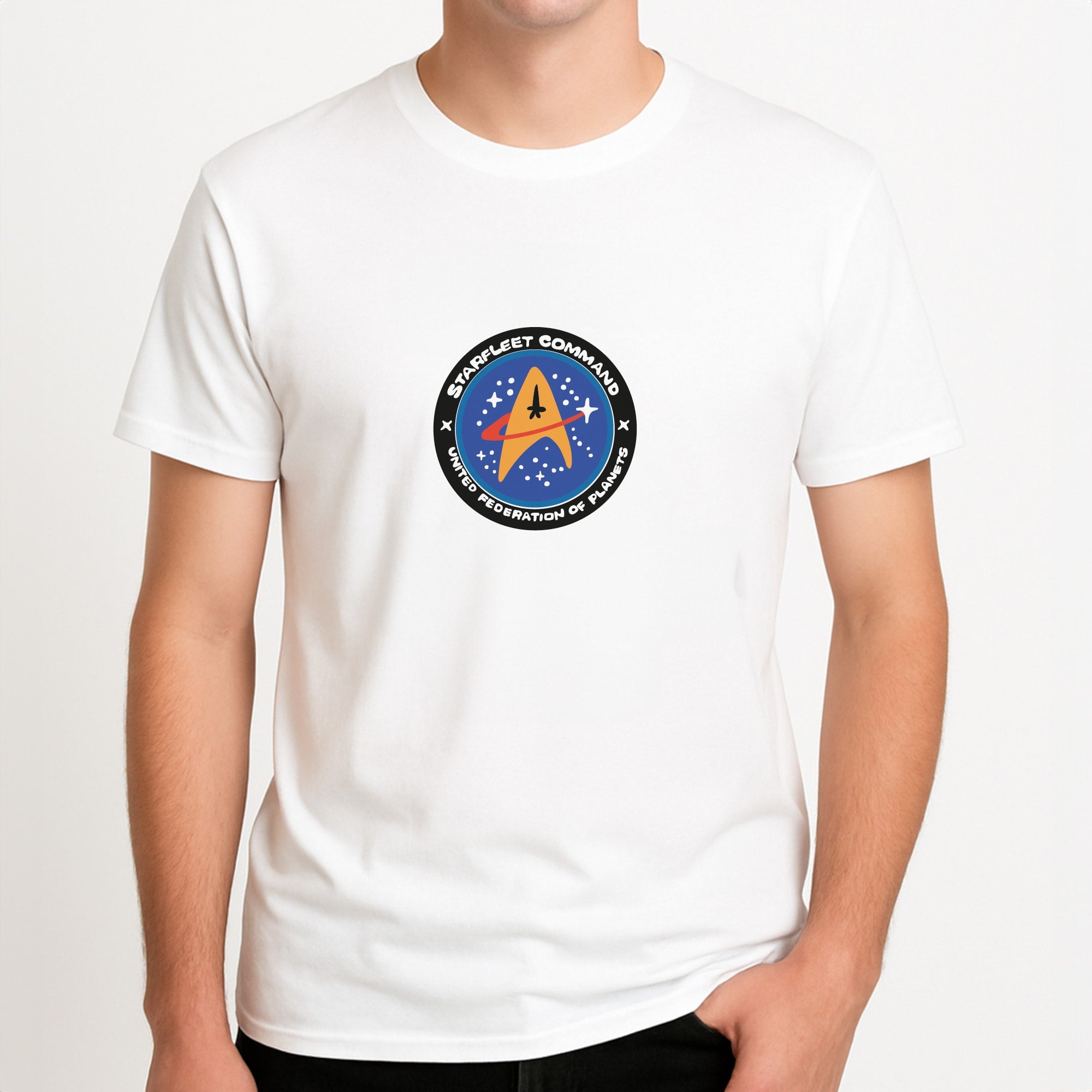 Starfleet command Unisex T-Shirt, worn by a male model.