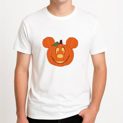 Mouse Pumpkin Halloween Unisex T-Shirt, worn by a male model.