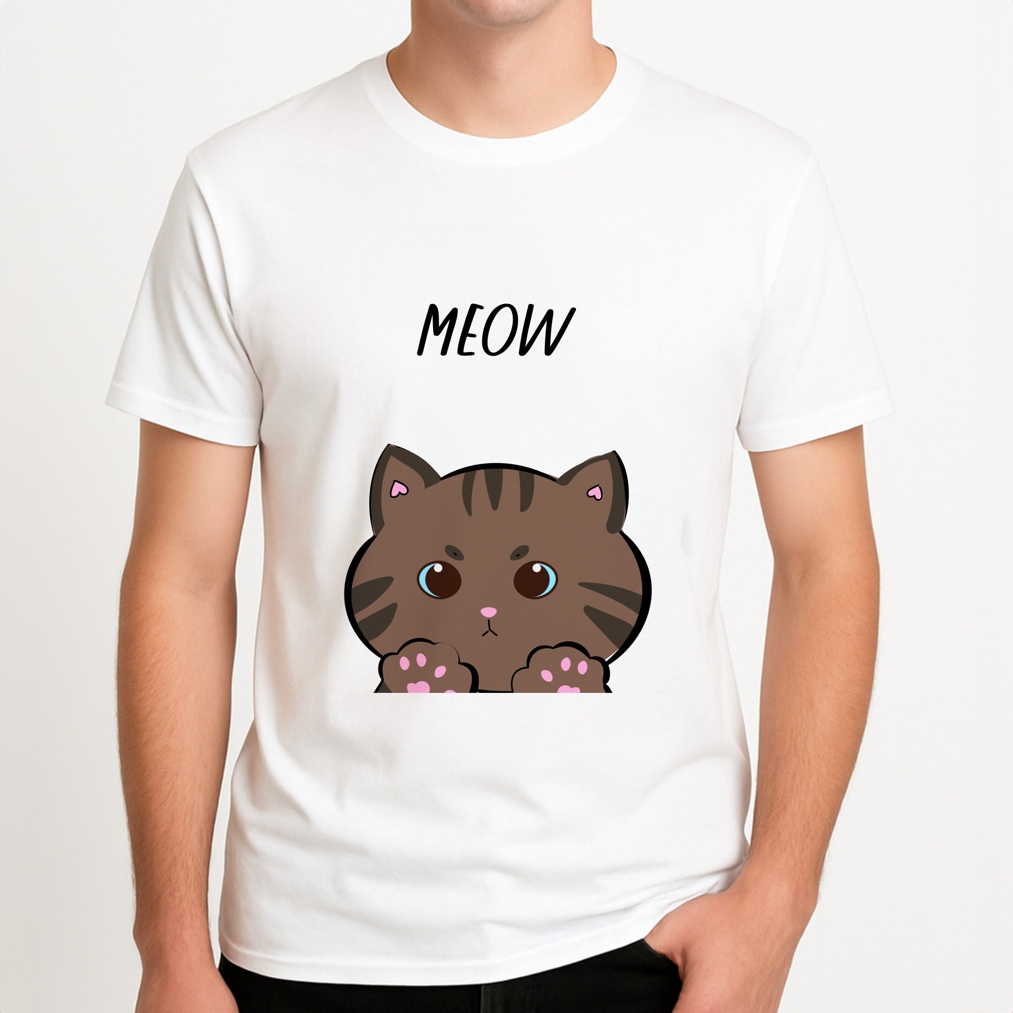 Meow Purple - Cats Unisex T-Shirt, worn by a male model.