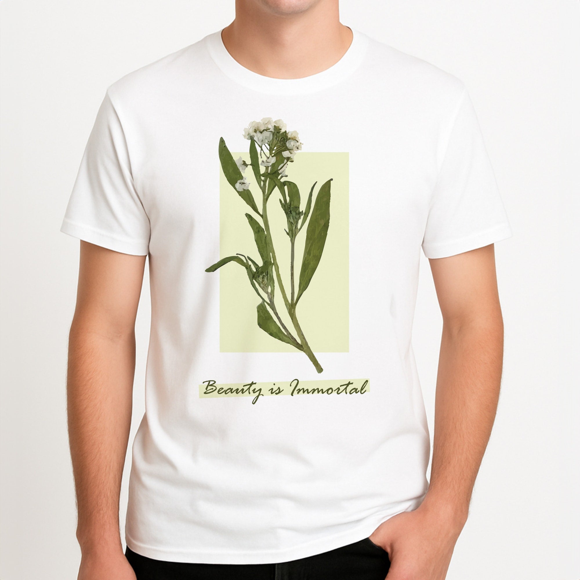 Beauty Is Immortal Press Flower Unisex T-Shirt, worn by a male model.