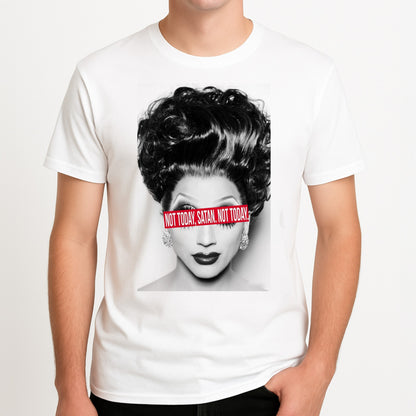 Not Today, Satan. Not Today - Drag Queen's Drag Race Unisex T-Shirt, worn by a male model.