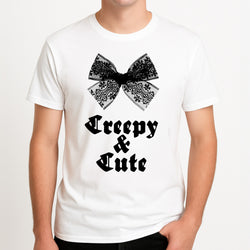 Creepy And Cute Coquette Unisex T-Shirt, worn by a male model.