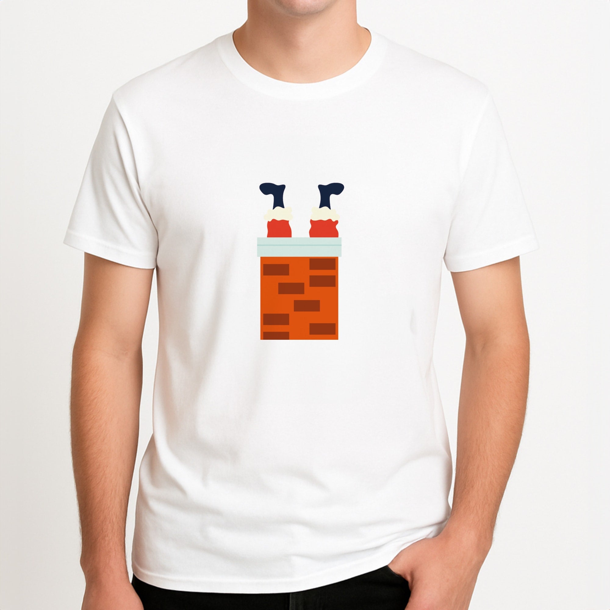 Santa Stuck In A Chimney - Christmas Unisex T-Shirt, worn by a male model.
