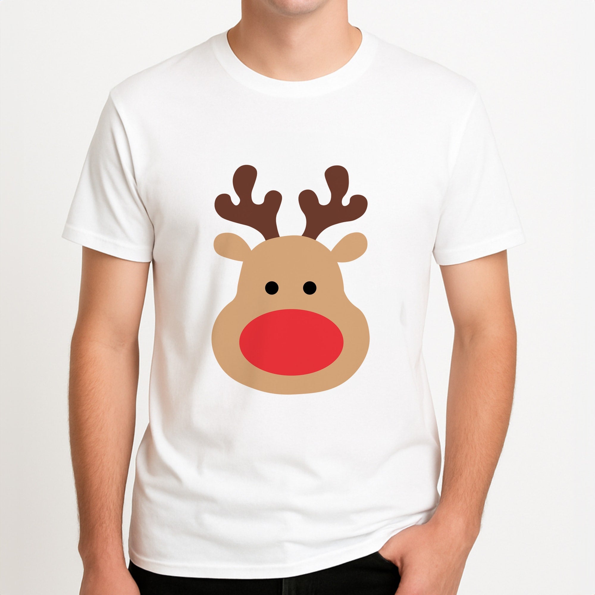 Rudolph Face - Christmas Unisex T-Shirt, worn by a male model.