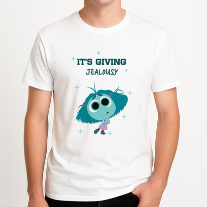 It's Giving Jelousy - Inside Out Unisex T-Shirt, worn by a male model.
