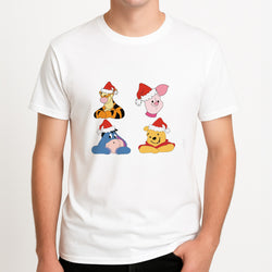 Bear, Tiger, Donkey and Pig Pattern Christmas Unisex T-Shirt, worn by a male model.